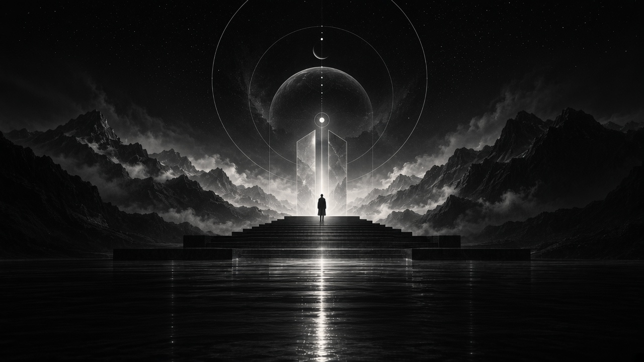 A figure standing on a stairway toward a luminous portal beneath a dark moon, in a mountain basin.
